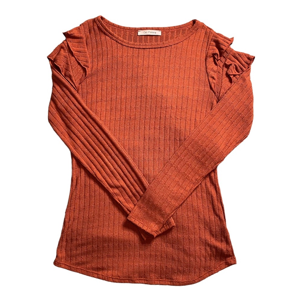 Ces Femme Ruffle Shoulder Ribbed Top - Size Medium, Rust - Picture 2 of 10